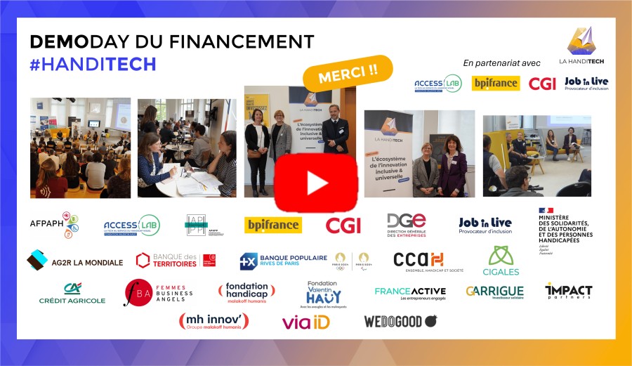 Demoday du financement de la Handitech avec des photos et les logos des partenaires